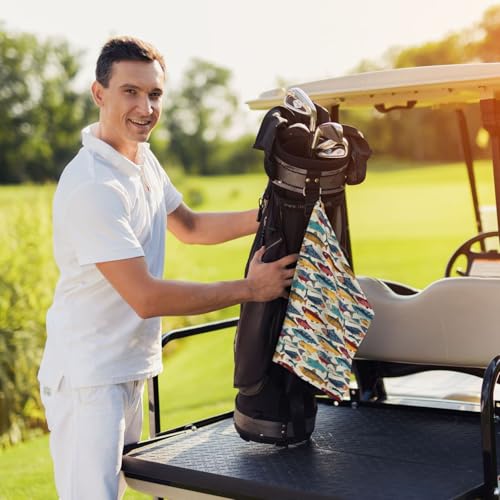 Vibrant Multicolor Fish Print Golf Towel, Microfiber Golf Towels for Bags with Carabiner Clip 16 x 24 inches, Men Womens Golfs Accessories