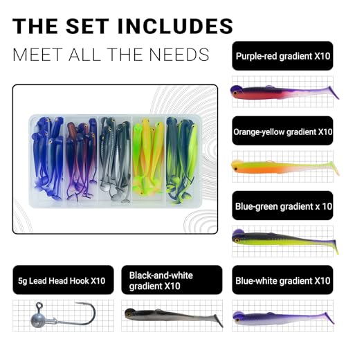50Pcs Paddle Tail Swimbaits Soft Lures Kit with 10 Lead Jig Heads | Boxed Fishing Set for Bass, Trout, Walleye, Crappie | 2.5in Saltwater/Freshwater Ready | Durable High-Visibility Swimbaits