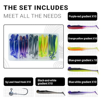 50Pcs Paddle Tail Swimbaits Soft Lures Kit with 10 Lead Jig Heads | Boxed Fishing Set for Bass, Trout, Walleye, Crappie | 2.5in Saltwater/Freshwater Ready | Durable High-Visibility Swimbaits