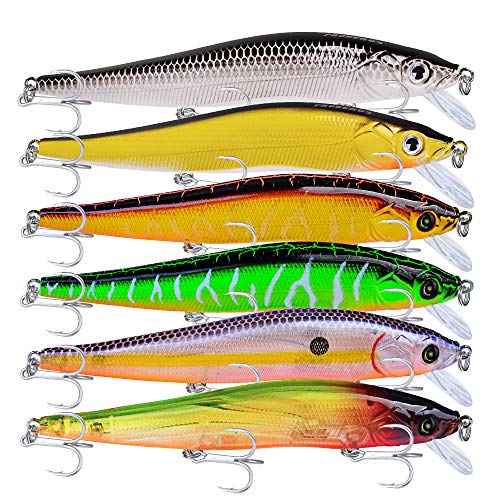 PROBEROS Minnow Bass Fishing Lures - Jerkbait Sinking Lure Set Hard Baits Crankbait for Trout Catfish Musky Bluegill Fishing Topwater Lures Plug 6Pcs/kit - color: 403-4.7inch/0.5oz-6pcs