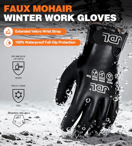 JDL Faux Mohair 100% Waterproof Winter Work Gloves for Men and Women – Extra Warm, Thermal Insulated Freezer Gloves for Cold Weather, Super Grip, Medium