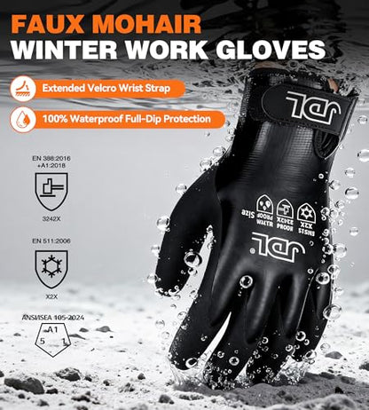 JDL Faux Mohair 100% Waterproof Winter Work Gloves for Men and Women – Extra Warm, Thermal Insulated Freezer Gloves for Cold Weather, Super Grip, Medium