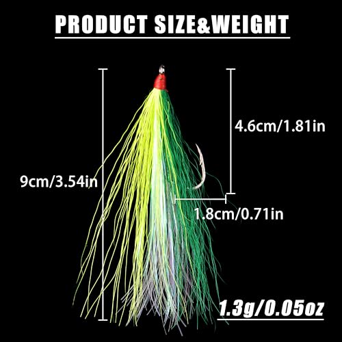 Bucktail Teasers Fishing Hooks Saltwater Flounder Rig Bucktail Mylar Teasers Inserted Fishing Teaser Hooks for Jigs Spoons Lures Hi/Lo Rig Striped Bass Bluefish Flounder Surf Bottom Fishing - color: Yellow-green, size: 12pcs