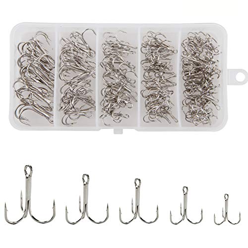 Fishing Treble Hooks Assortment, Sharp Brabed Triple Fishing Hooks Set High Carbon Steel Round Bend for Trout Catfish Lures Freshwater Saltwater, Assorted Size 4 6 8 10 12 - style: 140pcs Silver Treble Hooks Set
