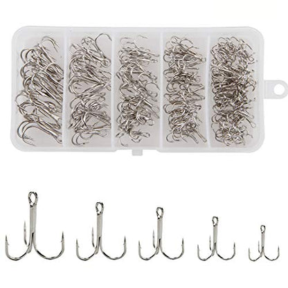 Fishing Treble Hooks Assortment, Sharp Brabed Triple Fishing Hooks Set High Carbon Steel Round Bend for Trout Catfish Lures Freshwater Saltwater, Assorted Size 4 6 8 10 12 - style: 140pcs Silver Treble Hooks Set