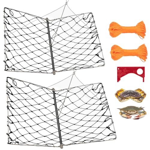 QualyQualy 2 Set Castable Crab Trap Kit, Foldable Crabbing Net with Rope & Bait Clip, Crab Snare/Pots/Traps for Blue Crabs, Dungeness, Crawfish Portable Crabbing Equipment - color: Crab Trap - 2 Pack