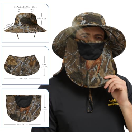 BASSDASH UPF 50+ Breathable Sun Hat with Removable Face Cover and Neck Flap Wide Brim Bucket Hat for Fishing Hiking Men Women - color: Autumn Forest