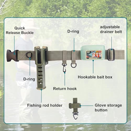 Fishing Rod Holder Adjustable Wader Fishing Waist Belt, Wading Belt Rod Holder for Casting Fly and Rock Fishing Rod, Fishing Rod Belt with Portable Pole Inserter Wading Belts