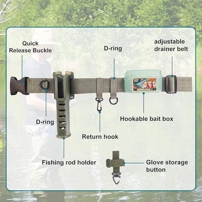 Fishing Rod Holder Adjustable Wader Fishing Waist Belt, Wading Belt Rod Holder for Casting Fly and Rock Fishing Rod, Fishing Rod Belt with Portable Pole Inserter Wading Belts