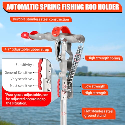 Automatic Spring Fishing Rod Holder, 2Pcs Stainless Steel Fishing Rod Stand, Adjustable Fishing Rod Holder with Single Spring for Loaded Tip-up Action for Ground Support Brackets, Fixed Bracket