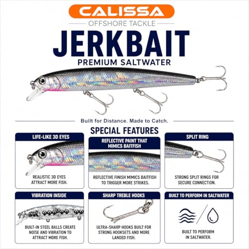 Calissa Offshore Tackle 110mm and 140mm California Inshore Fishing - Special Jerkbait Crankbait Surf Flash Fishing Salt Pro Lure Minnow Zebra MS Metallic Sardine Glow - size: 110mm, style: Anchovy
