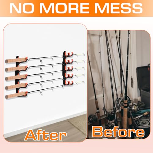 Soulchen 2 Pcs Fishing Rod Holder for Garage Dual-row Design Wall or Ceiling Mounted Fishing Pole Holders with Soft Protective Pad Horizontal Fish Rod Storage Rack Holds up to 10 Rods