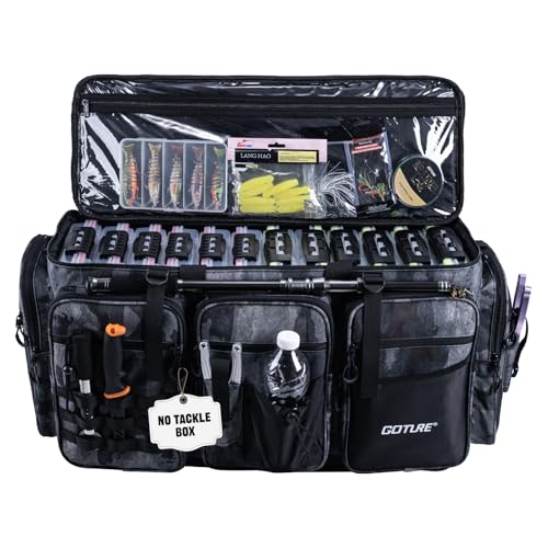 Goture Large Tackle Bag,Water Resistant Saltwater Gear Storage Big Fishing Bag with EVA Bottom,Store Up to 12PCS 3700 Plus 5PCS 3600 Tackle Trays(Not Included),Gifts for Men(26.38"x15.35"x11.42") - color: A2 Camo 2 XXL Without Trays