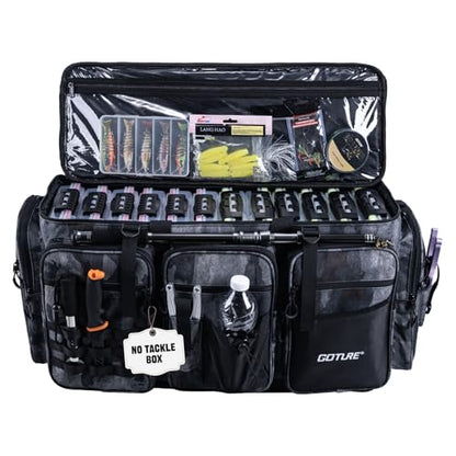 Goture Large Tackle Bag,Water Resistant Saltwater Gear Storage Big Fishing Bag with EVA Bottom,Store Up to 12PCS 3700 Plus 5PCS 3600 Tackle Trays(Not Included),Gifts for Men(26.38"x15.35"x11.42") - color: A2 Camo 2 XXL Without Trays
