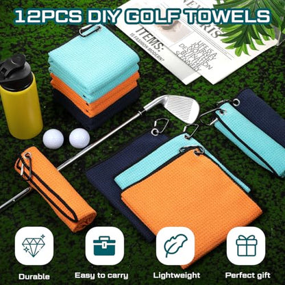 Batiyeer 12 Pcs Golf Towel Bulk for Golf Bags Microfiber Fabric Towel with Clip Waffle Pattern, Fitness, Camping, Hiking, Yoga - color: Orange, Sky Blue, Navy Blue