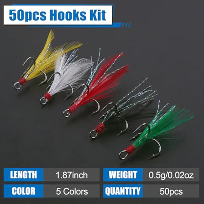 Fishing Treble Hooks Kit 50pcs Feather Dressed High Carbon Steel Triple Barbed Hooks Strong Sharp Round Bend for Catfish Trout Hard Baits Lures Freshwater Saltwater Fishing