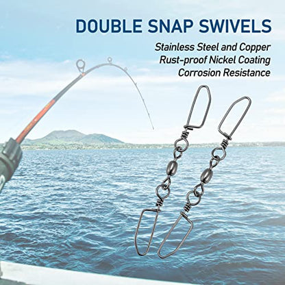 Dr.Fish 20 Pack Double Snap Swivels, High Strength Crane Barrel Swivels Coastlock Snaps Stainless Rust Resistant Saltwater Connector Trolling Planer Board Line Release Clips - size: #6*#1(Snap)-52LB