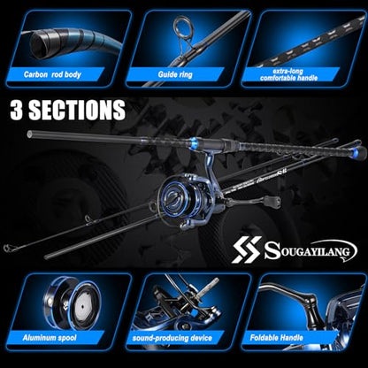 SOUGAYILANG Surf Fishing Rod and Reel Combo, Heavy 3-Piece Travel Spinning Rod with Reel for Red Drum, Striped Bass, Beach & Saltwater Fishing(9'/10'/11'/12') - color: blue, size: 12ft