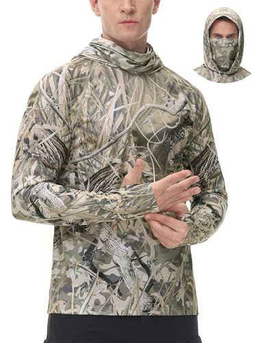 FISHEAL Men's Hunting Shirts with Mask - UPF 50+ Camo Long Sleeve Fishing Hoodie Shirt with Adjustable Drawstring - color: Reeds, size: Medium