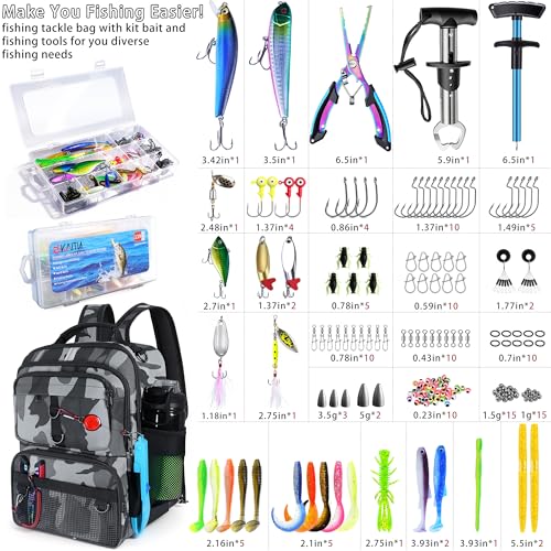 Fishing Backpack with Tackle Boxes and Rod Holder, 24L Fishing Sling Bag with Fishing Lures Kit, Fishing Gear Bag Gifts for Men Women - Gray Camo Backpack - color: Gray Camo Backpack