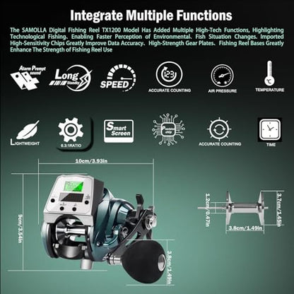 Digital Baitcasting Fishing Reel with LCD Display,8 oz Ultralight Electric Baitcaster Reel, 22-35 Lb Max Drag,6.3:1/7.2:1 Gear Ratio,Left/Right Handed,Compact Design for Freshwater & Saltwater - color: Greener-Right Hand, size: 35Lb-12 Smart-Solar Panel