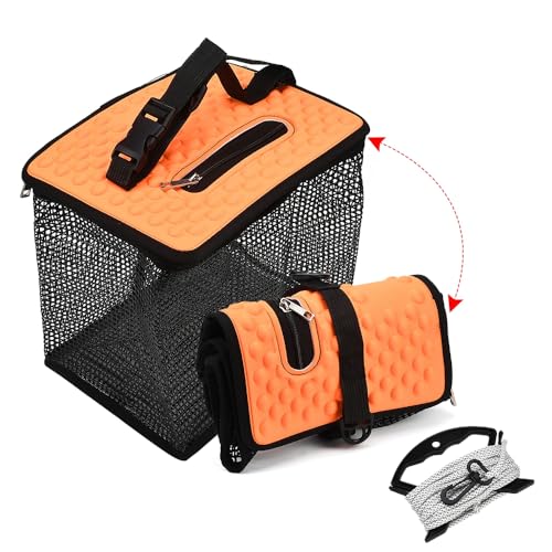 XhuangTech Floating Fishing Basket, Collapsible Fish Basket Portable Fishing Net Storage Cage for Live Caught Fish, Foldable Rubber Coated Bait Minnow Bucket 3.5/10 Gallons Live Well, Orange - size: Small