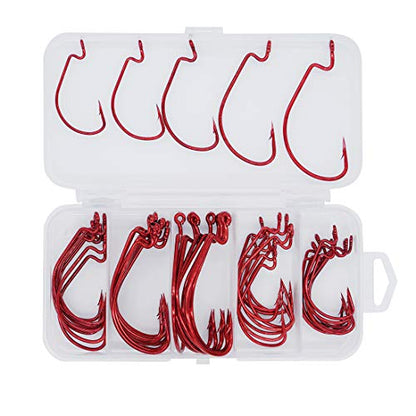 50pcs Fishing Worm Hooks High Carbon Steel Wide Gap Offset Saltwater Freshwater Extra Strong Circle Jig Worm Fishing Hooks for Bass Trout with Box Packed #1/0-5/0 - color: red