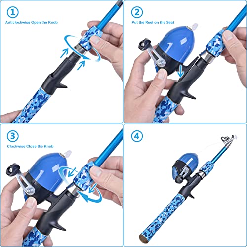 LEOFISHING Kids Fishing Pole Set with Full Starter Kits Portable Telescopic Fishing Rod and Spincast Reel with a Fishing Net and Bucket for Boys Girls and Youth - color: Blue and Orang