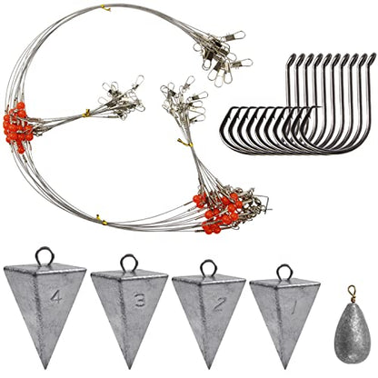 Saltwater Surf Fishing Tackle Kit - Saltwater Surf Fishing Rigs Bottom Rigs Include Fishing Leader Rigs Pyramid Sinkers Bass Casting Sinker Circle Hooks for Striped Bass Red Drum Flounder - color: Silver