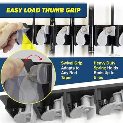 Rush Creek Creations 6-Rod Vertical Fishing Rod Holder for Garage, Heavy-Duty ABS Plastic Wall Mount Fishing Rod Rack, Securely Holds up to 6 Rods or Combos