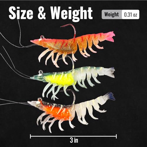 3Pcs Shrimp Fishing Lures for Saltwater and Freshwater Soft Bait Pre-Rigged Glow Eyes Lifelike Silicone Prawn Jig for Bass Trout Redfish Flounder Crappie Snook Walleye Fishing - color: 3 in 3pcs