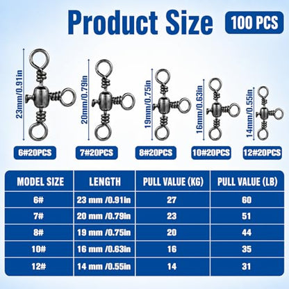 100Pcs 3 Way Swivel Fishing Tackle, Three Way Swivels Cross Line Barrel Swivel Trolling T-Turn Connection Fishing Swivels Saltwater for Fishings Tackle Catfish Rigs 6# 7# 8# 10# 12#