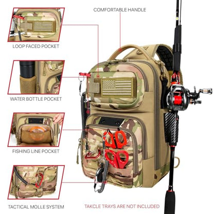 Fishing Sling Bag, Fishing Bag With Rod Holder Fixed Stickers, MOLLE System, Soft Bait & Gear Storage, Gift for Men, Khaki - color: Brown