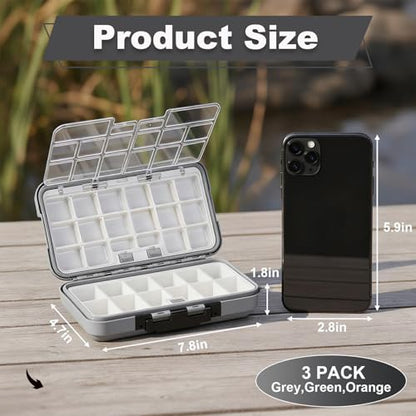 Small Tackle Box Organizer 3 Pack, Waterproof Double-Sided Fishing Lure Box | Mini Portable Floating Fishing Storage Container with Removable Dividers, Terminal Plastic Tackle Box (Green, Orange, Gray)