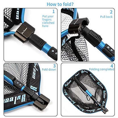 YVLEEN Floating Fishing Net - Folding Fishing Landing Net with Rubber Coating Mesh for Easy Fish Catch and Release, Fishing Net for Freshwater and Saltwater - color: B: Blue(Telescopic Pole)