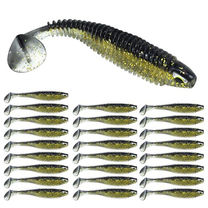 3D Eyes Paddle Ribbed Bait, 2.5in 3in 4.1in Soft Plastic Paddle Tail Swimbaits Fishing Lures for Bass Fishing Freshwater Saltwater 12/20/25 PCS - color: Black, size: 2.5in(6.5cm)-25PCS