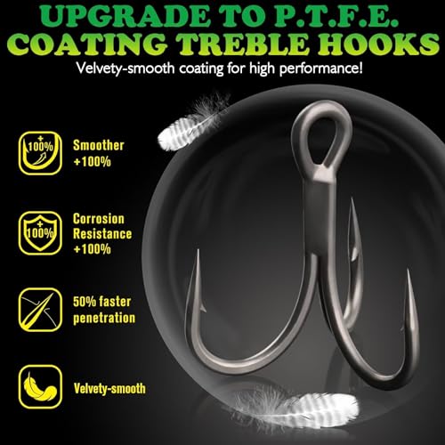 LUCKYFISHING Treble Hooks 50PCS PTFE Coating Treble Fishing Hooks for Saltwater Freshwater Size #2#4#6#8#10 - color: Hook Size #6-50PCS