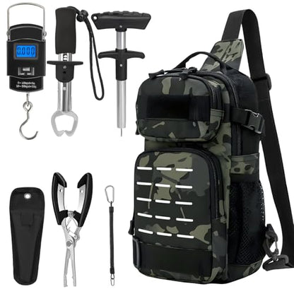 THKFISH 7Pcs Fishing Backpack with Fishing Pliers Kit, Tactical Fish Sling Tackle Bag Included Fishing Tackle kit, Digital Fishing Gear Weight Scale, Fish Hook Remover Tools - color: Black Camo