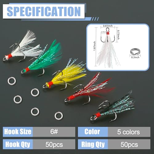 100pcs Fishing Treble Hook Kit, Round Bend Treble Hooks with Split Rings for Making Fishing Lure Spinner Spoon Crankbait - color: Multicolor Feather-100pcs