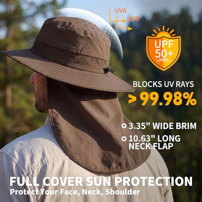 Connectyle Wide Brim Sun Hat for Men Women UPF 50+ Breathable Fishing Hat with Neck Flap Outdoor Hiking Safari Bucket Hats - color: Army Green