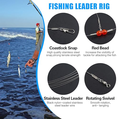 Fishing Leaders Saltwater Tackle Surf Fishing Rigs High Strength Steel Fishing Wire Leaders with Swivel Snaps Beads Gear Equipment for Lures Bait Hooks, 1Arm 2Arms & 3Arms - color: Silver
