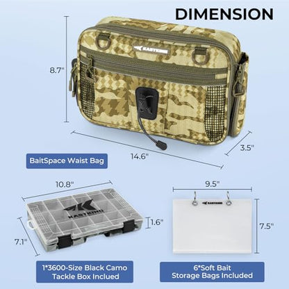 KastKing BaitSpace Waist Bag – Waterproof Tackle Storage Bag With Adjustable Belt, Fishing Fanny Pack for Men, Soft Bait Organizer, 3600 Utility Box, Rod Holder, Nylon - color: Khaki Camo