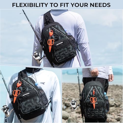 KastKing Karryall Sling Tackle Bag–Fishing Sling Pack,Fishing Backpack With Rod Holder,MOLLE System,Soft Bait & Gear Storage - color: B: Black Camo