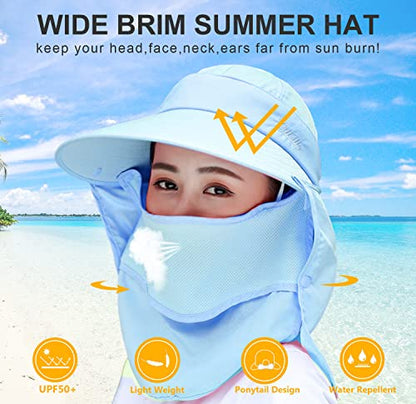 Women Wide Brim Face Mask Sun Hat Detachable Neck Face Flap Ponytail UV Protection Visor Hat Garden Fishing Hiking - color: A8-shun005-qianlan