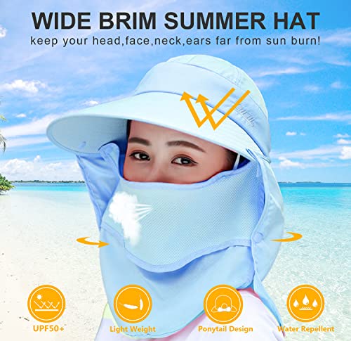 Women Wide Brim Face Mask Sun Hat Detachable Neck Face Flap Ponytail UV Protection Visor Hat Garden Fishing Hiking - color: A8-shun005-qianlan