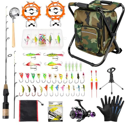 Ice Fishing Rod Reel Combo Complete Set Ice Fishing Gear with Backpack Seat Ice Cleats Ice Fishing Jigs Line Full Ice Fishing Kit