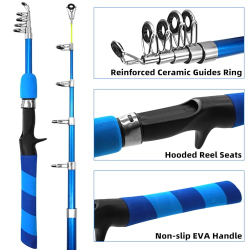 Kilitn Kids Fishing Pole Kit, Easy Fishing Telescopic Casting Rod and Spincast Reel Combos Full Set with Tackle and Travel Bag, for Boys, Girls, Youth, Starter - color: Blue Striped
