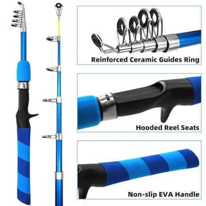 Kilitn Kids Fishing Pole Kit, Easy Fishing Telescopic Casting Rod and Spincast Reel Combos Full Set with Tackle and Travel Bag, for Boys, Girls, Youth, Starter - color: Blue Striped