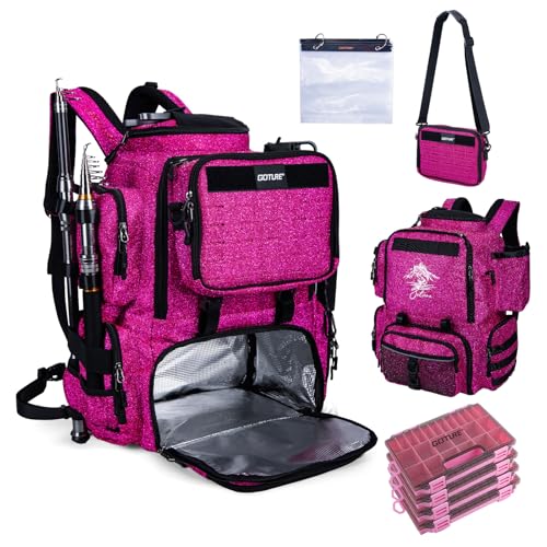 Goture Fishing Backpack with 4 Tackle Boxes,58L 900D Water-Resistant Tackle Backpack with Cooler,Rod Holders,8 Lure Pockets, Detachable Crossbody Bag,Gear Storage Large Fishing Bag for Camping Hiking - color: D1:bling Pink With 4 Tackle Boxes