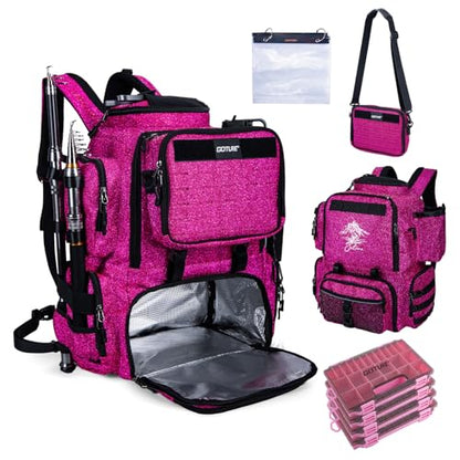 Goture Fishing Backpack with 4 Tackle Boxes,58L 900D Water-Resistant Tackle Backpack with Cooler,Rod Holders,8 Lure Pockets, Detachable Crossbody Bag,Gear Storage Large Fishing Bag for Camping Hiking - color: D1:bling Pink With 4 Tackle Boxes